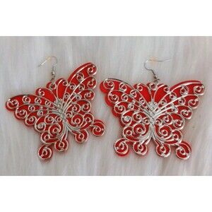 Red Butterfly Pierced Earrings With Silver Filigree Detailing Jewelry Boho NIP